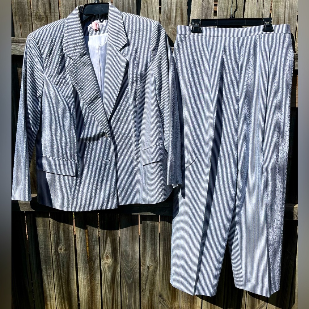 Kasper & Company Blue and White Seersucker Suit